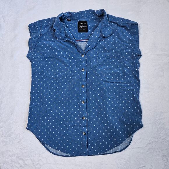 Jachs Girlfriend Floral Blue Button Up Chambray Top Size Medium Short Sleeve - Picture 3 of 8